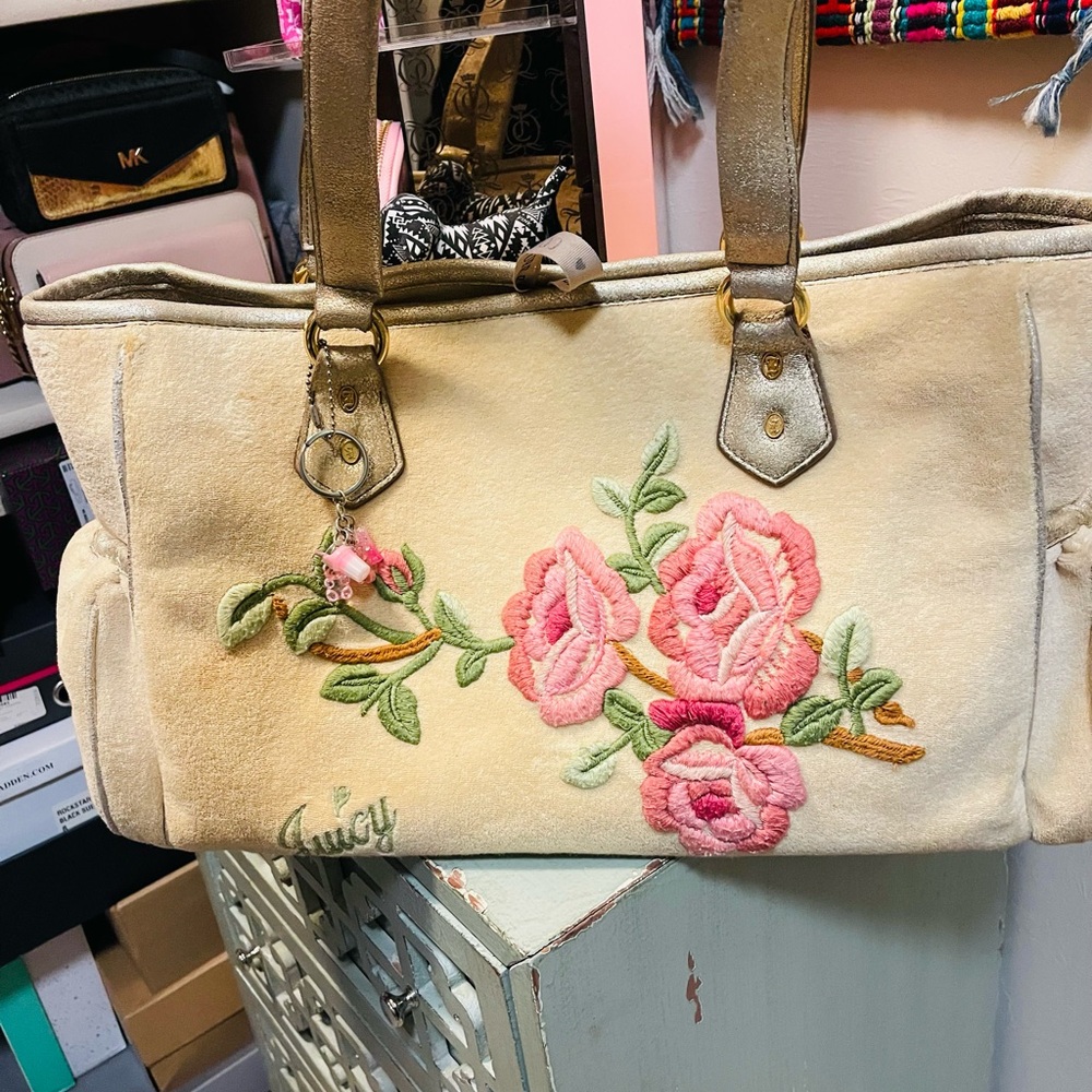 Juicy Couture Cream Floral Embroidered diaper bag